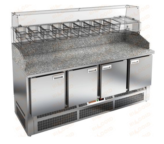 Стол охлаждаемый для пиццы HICOLD PZE3-1111/SN, гранит, нижн, 4 двери (+2...+10°С)